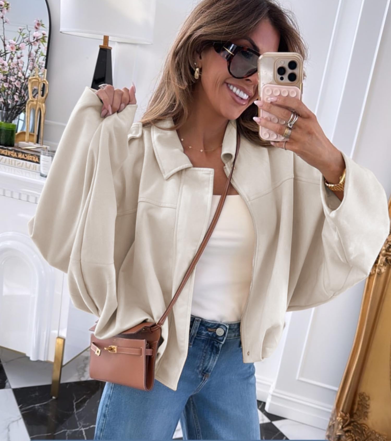 Buenoble Women's Faux Suede Bomber Jackets Cropped Fall Winter Lapel Motorcycle Coats Streetwear Outerwear with Pockets Tops Womenswear Basic Brown Casual Long Sleeve