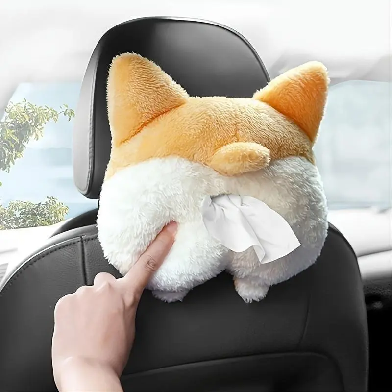 Corgi Shape Plush Car Tissue Box Holder, Playful Look Car Accessory for Pet Lovers, Universal Fit, Adhesive-Free Easy Installation, All Seasons Dashboard Storage