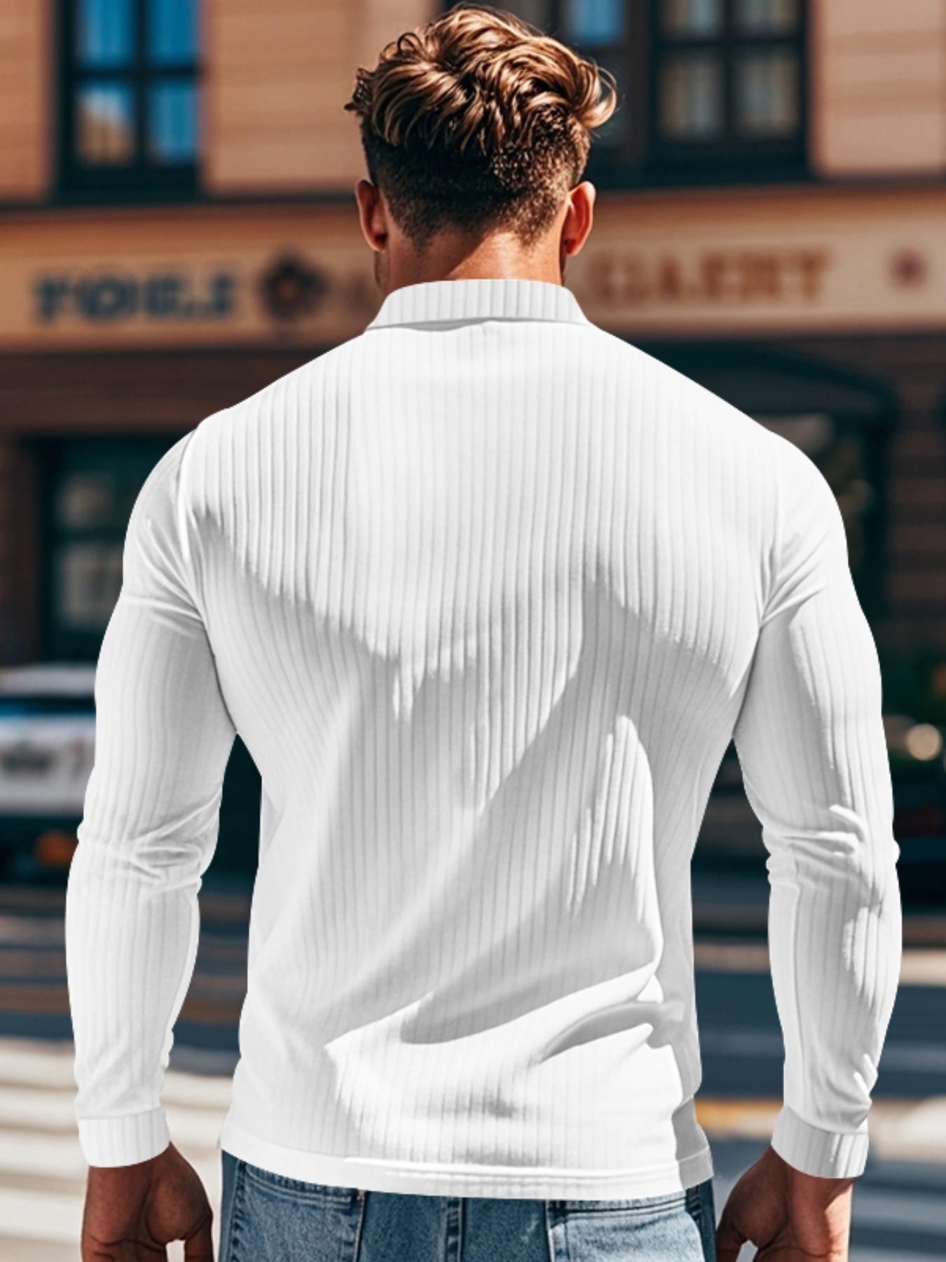 Men's Ribbed Texture Long Sleeve Polo Shirt, Comfortable Fit for Daily Wear, Stylish Design Suitable for Work & Leisure
