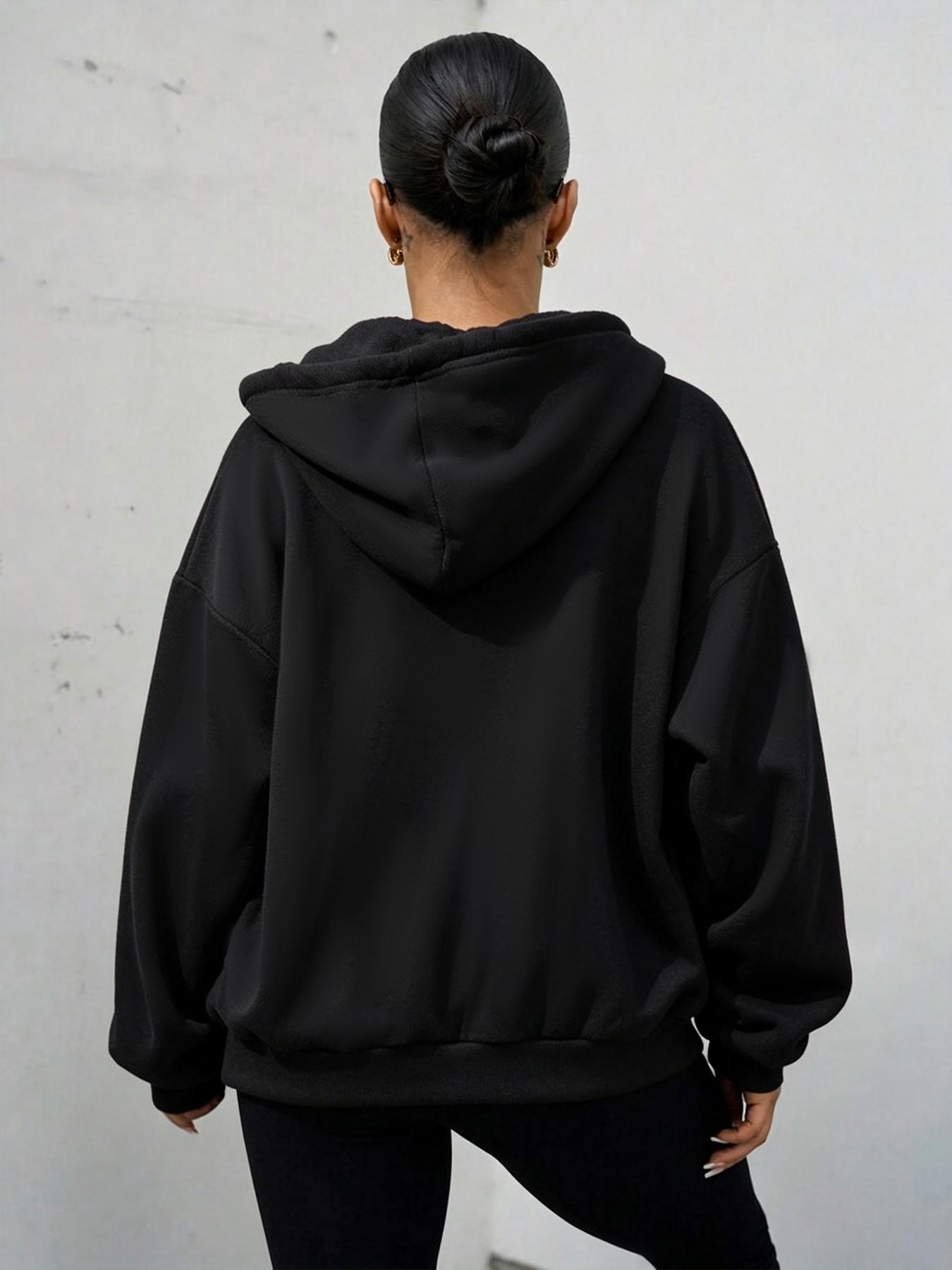 Women's Zipper Drawstring Hoodie, Long Sleeve Pocket Detail, Loose-Fit Casual Sweatshirt for Fall & Winter, Outdoor & Daily Wear