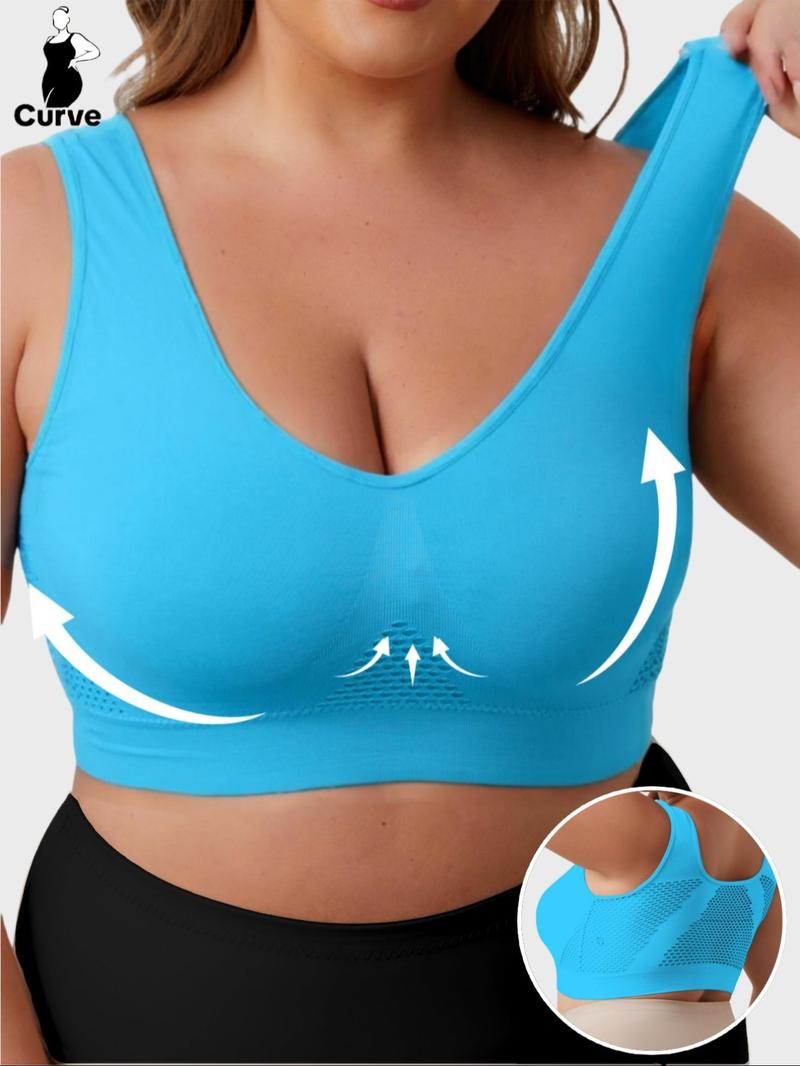 1XL-5XL,Women's Plus Size Wireless Seamless Bra Set, Breathable Hollow Back Crop Top, Wide Strap Basic Bra,All Seasons, Casual Style