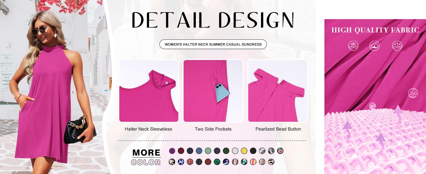 AUSELILY Women's Summer Dress Sleeveless Halter Neck Beach Dress Casual Sundresses with Pockets