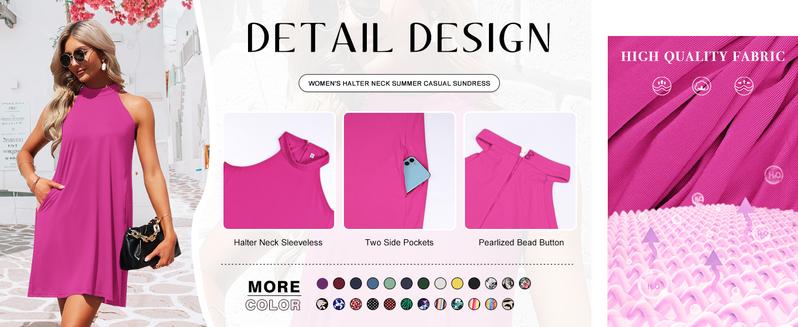 AUSELILY Women's Summer Dress Sleeveless Halter Neck Beach Dress Casual Sundresses with Pockets