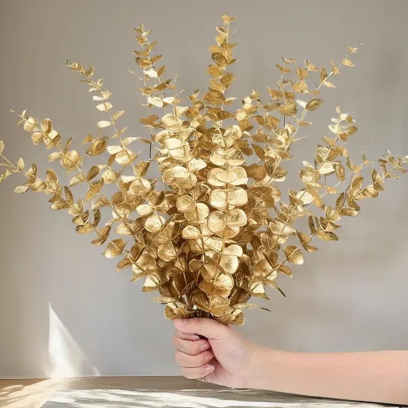 26 Gold Eucalyptus Branches, Artificial Leaves, 38cm Long, Perfect for Christmas and Valentine's Day Decor, Home Vase and Wedding Props, Plastic Material