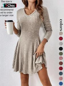 women's plain lettuce trim v neck a line dress, casual long sleeve short dress for fall & winter, ladies clothes for daily wear