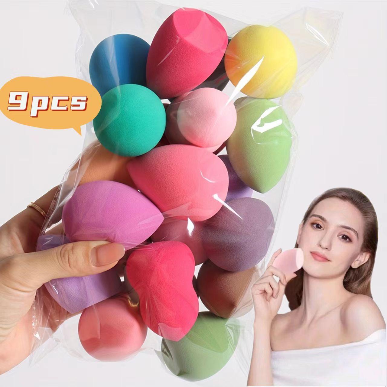9 pieces of random color and shape beauty sponge, foundation mixed sponge set, suitable for liquids, creams and powders, free of latex dual-purpose wet and dry makeup puffs, suitable for all skin types