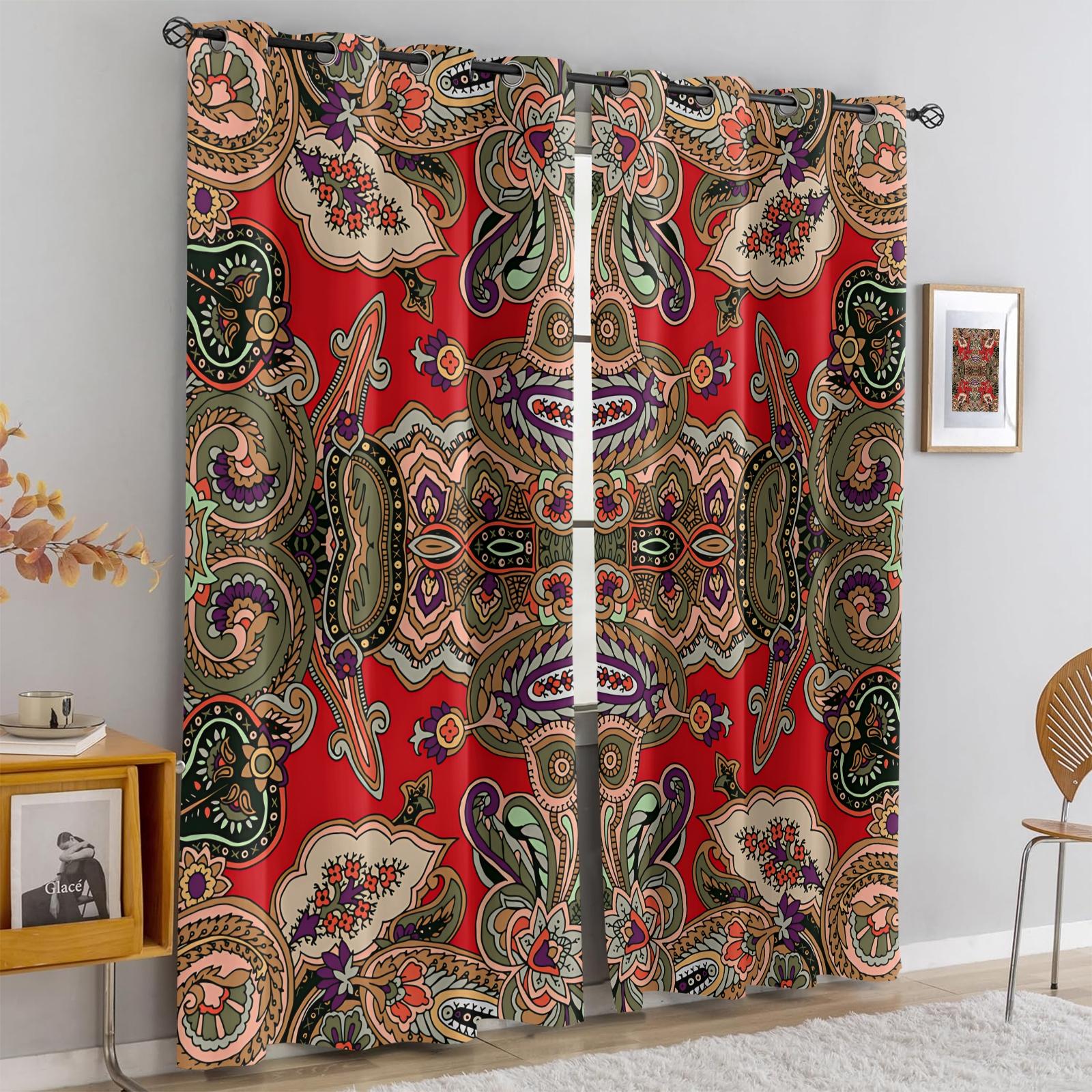 2 Panels Set Boho Paisley Digital Print Window Drapes, Vintage Ethnic Style Darkening Grommet Curtains, Thermal Insulated Privacy Blackout Drapes, Decorative Window Treatment for Living Room, Bedroom, Dorm, Home Office