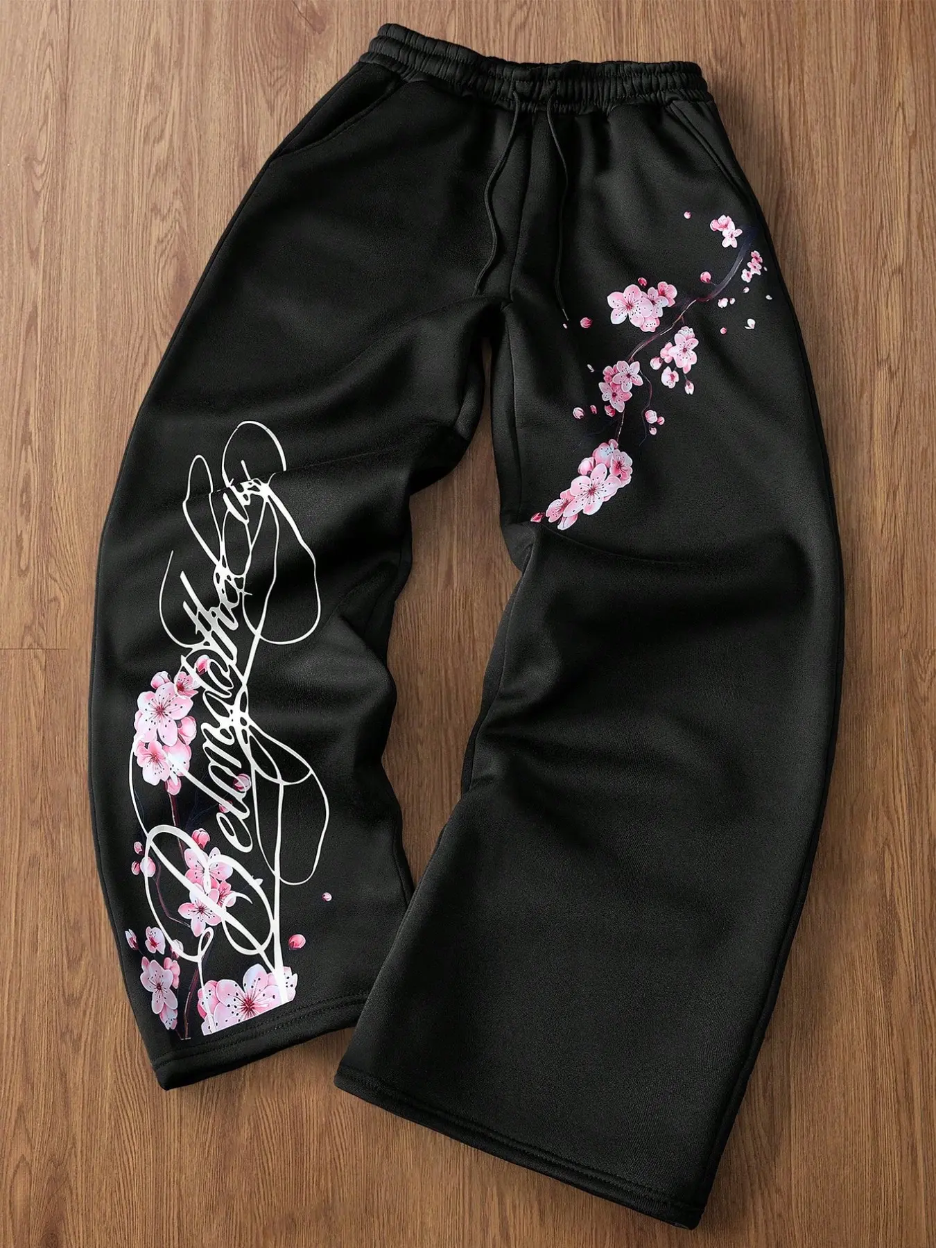Y2K Japanese Cherry Blossom Graphic Baggy Sweatpants - Oversized Floral Print Wide Leg Lounge Pants with Drawstring for Casual Streetwear Outfit