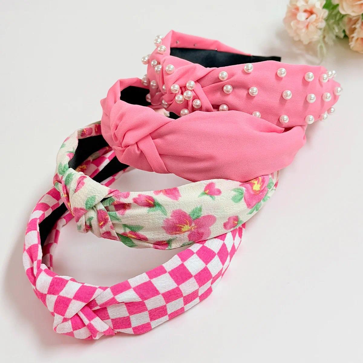 Fabric Hair Bands Wide Edge Sweet Elegant Valentine's Day Hair Accessories New Pink System Pearl Checkerboard Flowers