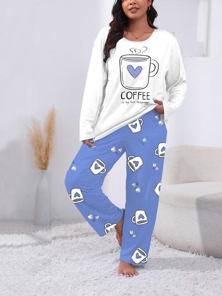 Plus Size Heart Coffee Letter Print Comfortable 2-Piece Pajama Set, Long Sleeve Top & Pants, Casual Fitted Sleepwear & Loungewear for All Seasons