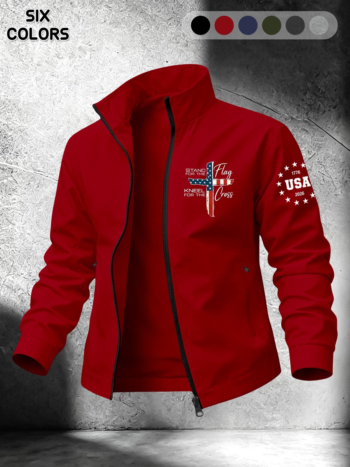Men's Spring Summer Lightweight Stand Collar Long Sleeve Casual Jacket, American Flag Cross Faith Print, Dual Zipper Pockets, Daily Commute Outdoor Wear
