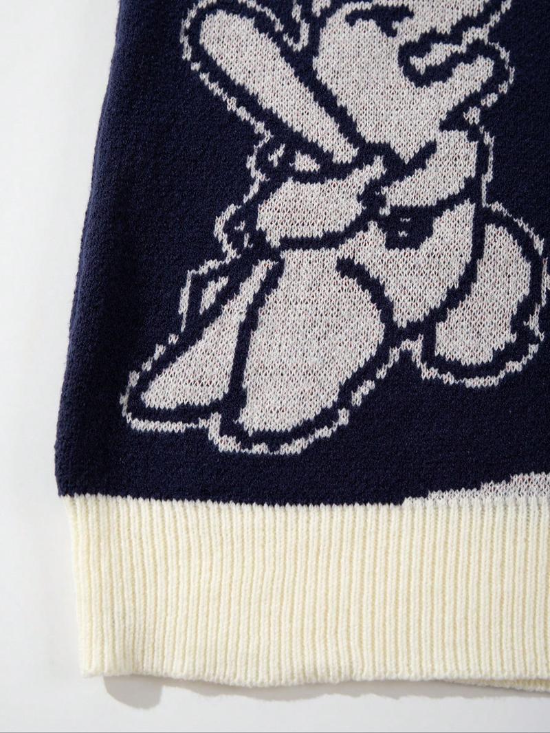 Men's Autumn Winter Casual Loose Fit Knit Sweater, Small Dinosaur Baseball Pattern, Vintage Street Style Long Sleeve Round Neck Top, Sweater Pullover