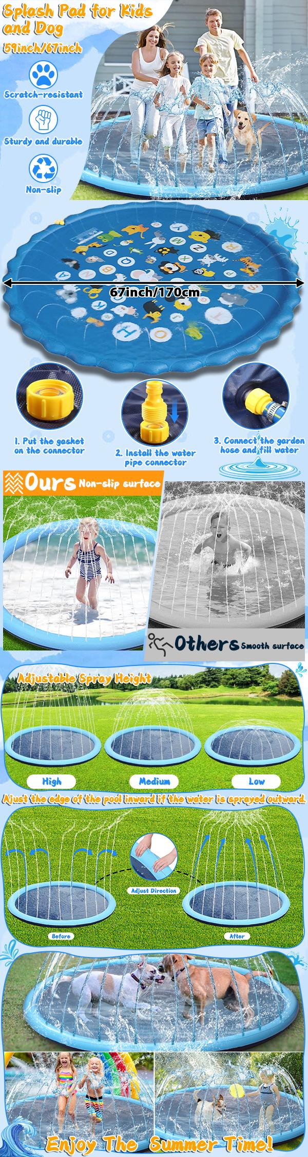 Qyeah 67in Non-Slip Thickened Splash Pad - Kids Outdoor Equipment, Large Sprinkler Pool, Summer Outdoor Water Toys for Pets & Kids