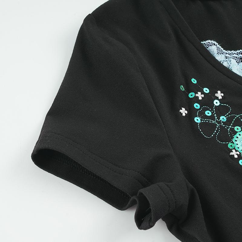 Holiday Style Floral Embroidery Sequin Top, Slim Fit Lace V Neck Short Sleeve Summer T-Shirt, Fashion Drawstring Design, Casual Daily Wear, Trendy Summer Tee
