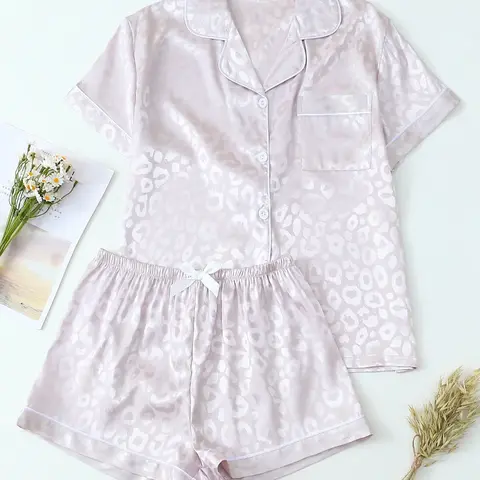 Women's Satin Leopard Print Pajamas Set, Summer Casual Loose Fit Sleepwear Loungewear, Short Sleeve Shirt & Elastic Waist Shorts, Soft Smooth Comfortable Fabric, Shorts Pj Set
