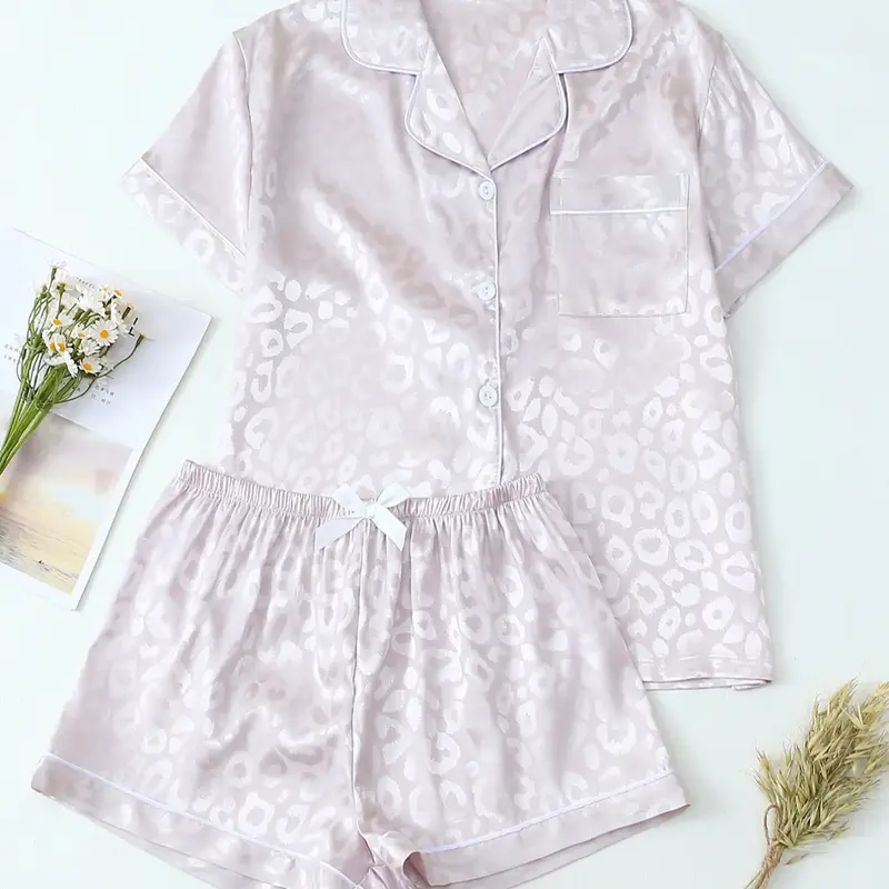 Women's Satin Leopard Print Pajamas Set, Summer Casual Loose Fit Sleepwear Loungewear, Short Sleeve Shirt & Elastic Waist Shorts, Soft Smooth Comfortable Fabric, Shorts Pj Set
