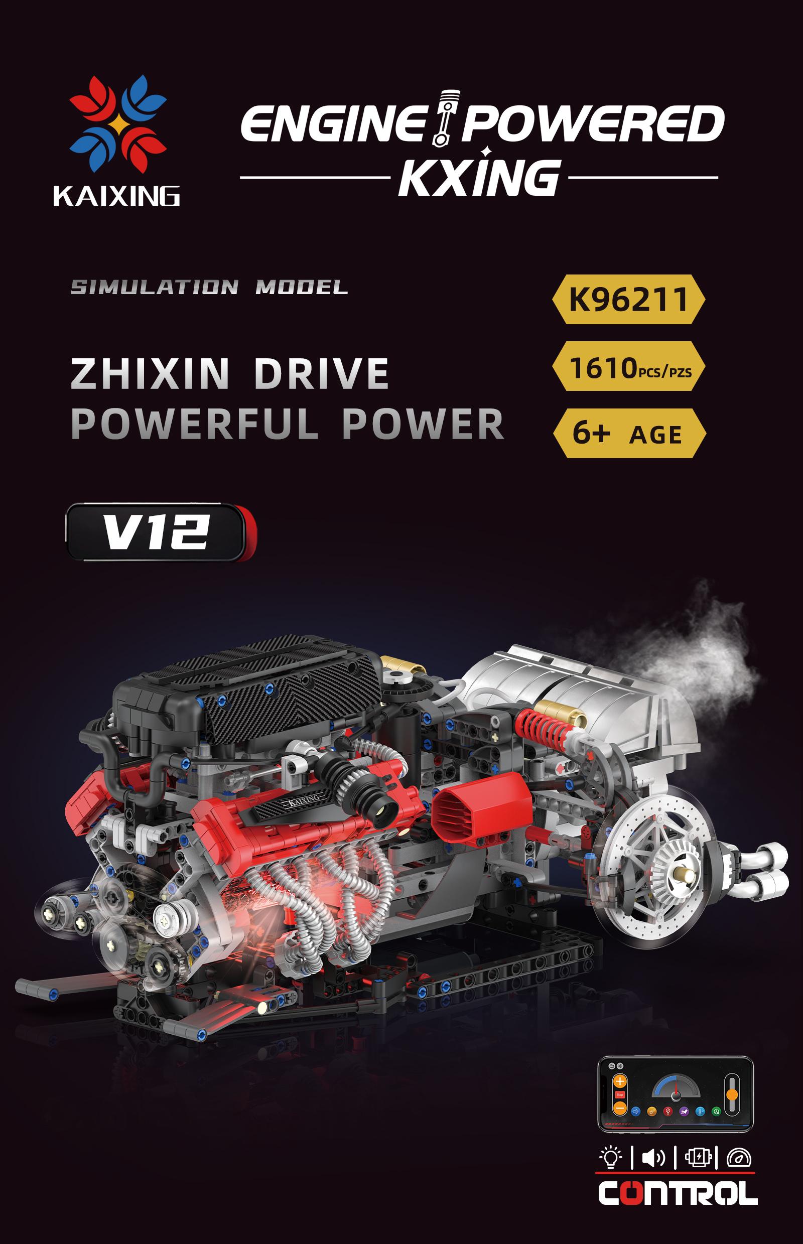 V12 Engine Assembly Kit 1610+ Pieces, LED Lighting & Spray Effect, Remote Control Electric Build Set, Stem Education Model, Ideal Gift