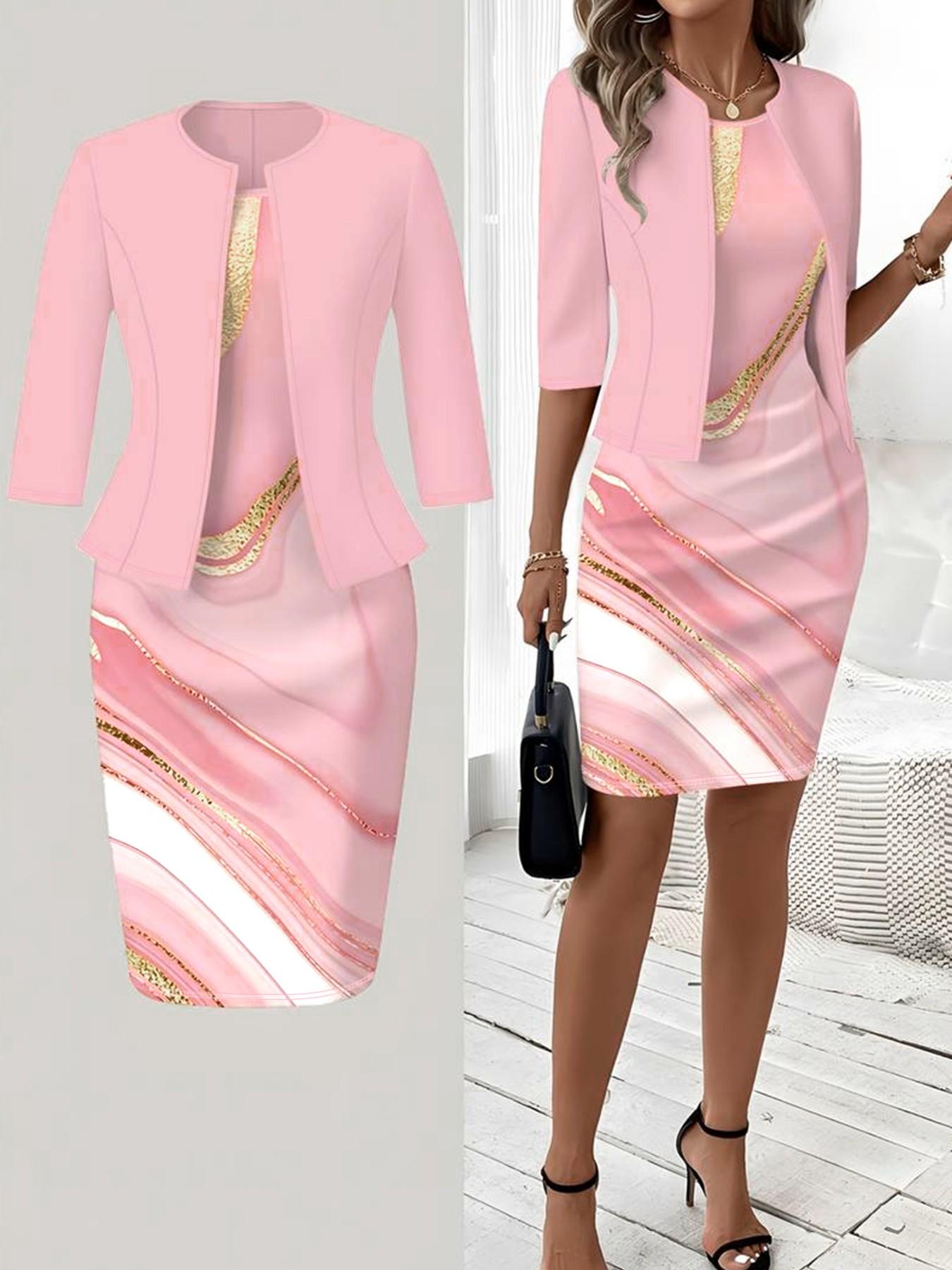 (short skirt) (small size) (general fabric) (printing design) Spring, summer and autumn knitted cardigan blouse with slim waist and printing design; classic straight dress, two-piece suit, suitable for women; elegant wedding guest dress