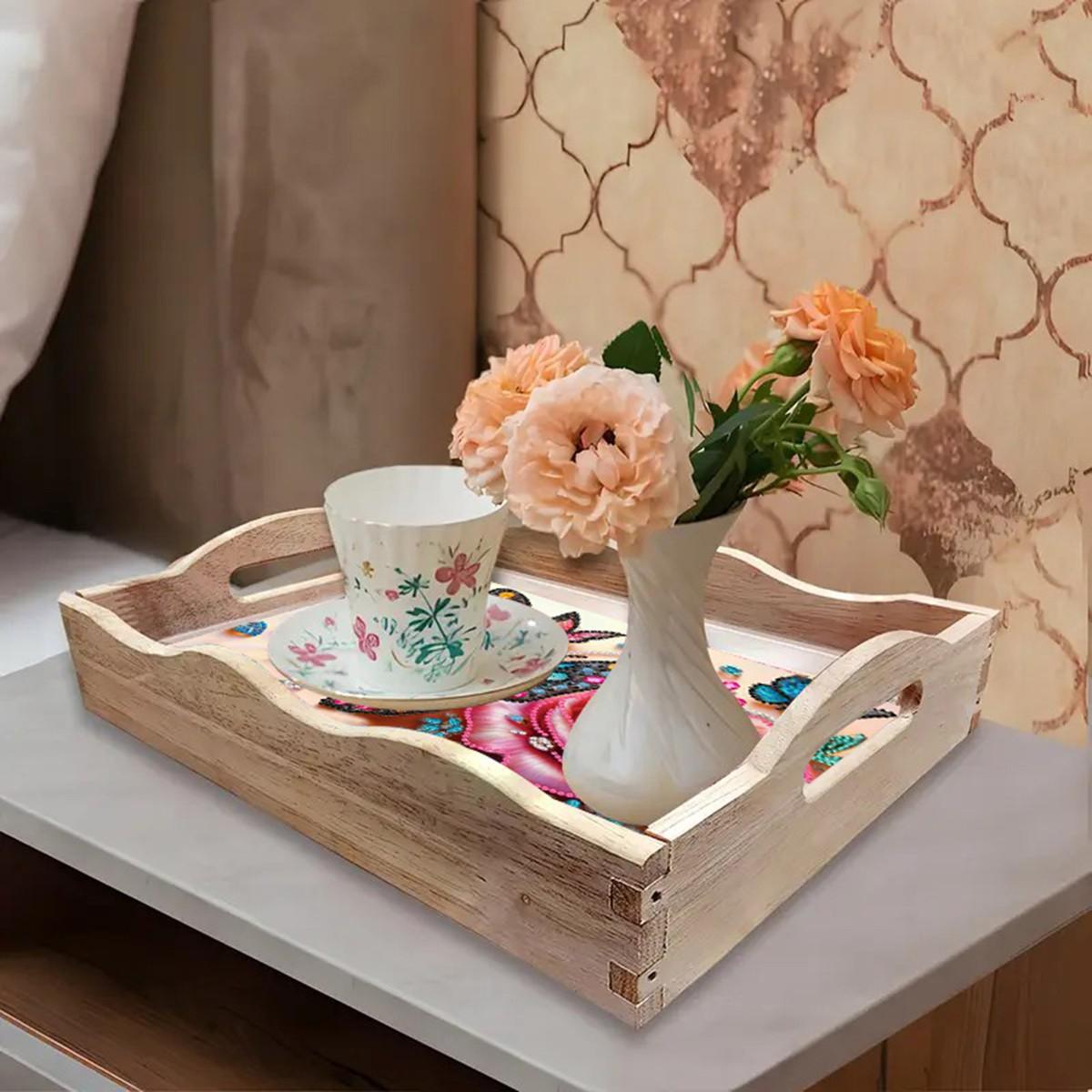 DIY Diamond Painting Wooden Tray Set with Frame, Butterfly Pattern, Home Decor Gift, Unique Holiday Present for Family and Friends