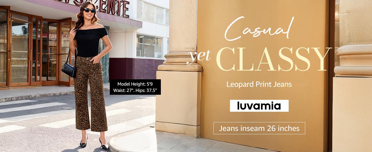 luvamia Wide Leg Jeans for Women High Waisted Leopard Cheetah Print Stretch Cropped Denim Pants Patch Pocket Flare Jeans