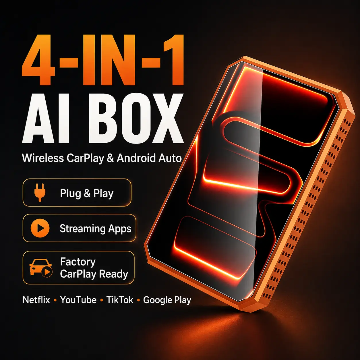 4-in-1 Wireless CarPlay & Android Auto AI Box with Netflix, YouTube, TikTok and Google Play Streaming, Plug-and-Play Car Media Adapter for Compatible Factory CarPlay Vehicles