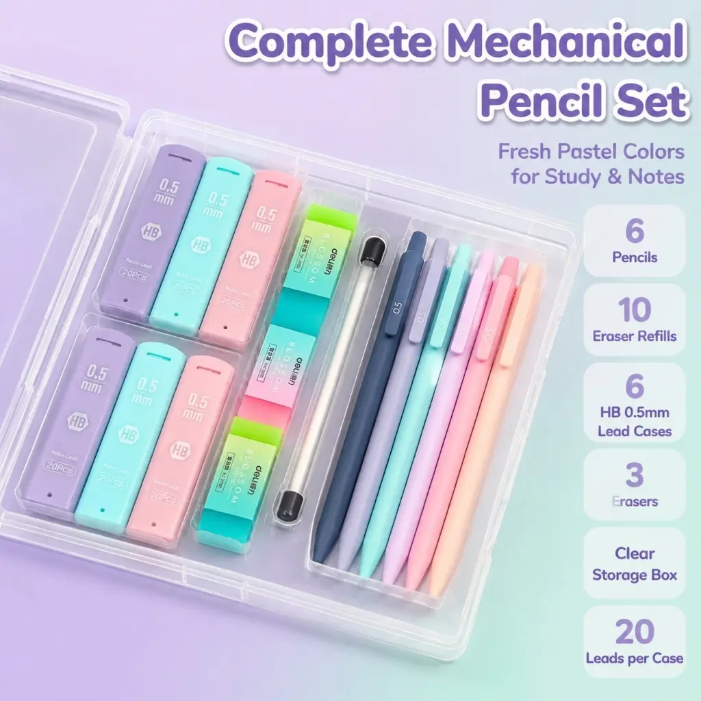 Cute Mechanical Pencil Set with Case, 6-Pack 0.5mm, 120 HB Leads, 3 Jelly Erasers, 10 Eraser Refills, Pastel Barrels, Aesthetic School Supplies for Girls Writing Drawing