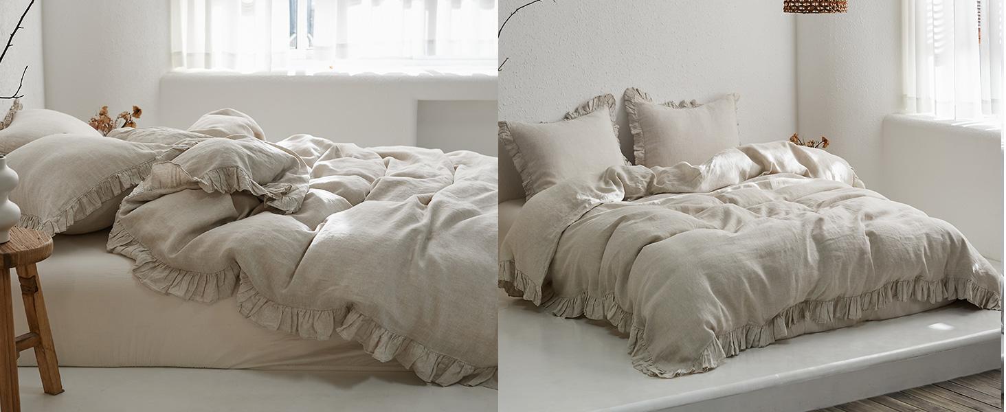 Simple&Opulence 100% Linen Duvet Cover Set, Natural French Flax Ruffle Duvet Cover, Breathable Comfy Linen Bedding Comforter Cover with Pillowcase