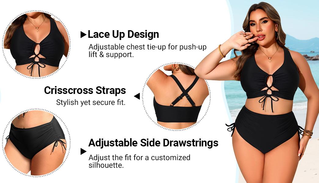 Daci Women Two Piece Plus Size Bikini - Tummy Control Swimsuits Sexy Cutout Bathing Suits Lace Up Swimwear 2026
