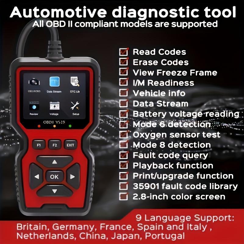 V519 Car Code Reader Obd2 Fault Detector Multi-Function Scan Tool, Automotive Diagnostic Scanner, Car Troubleshooting Device, Car Battery Tester
