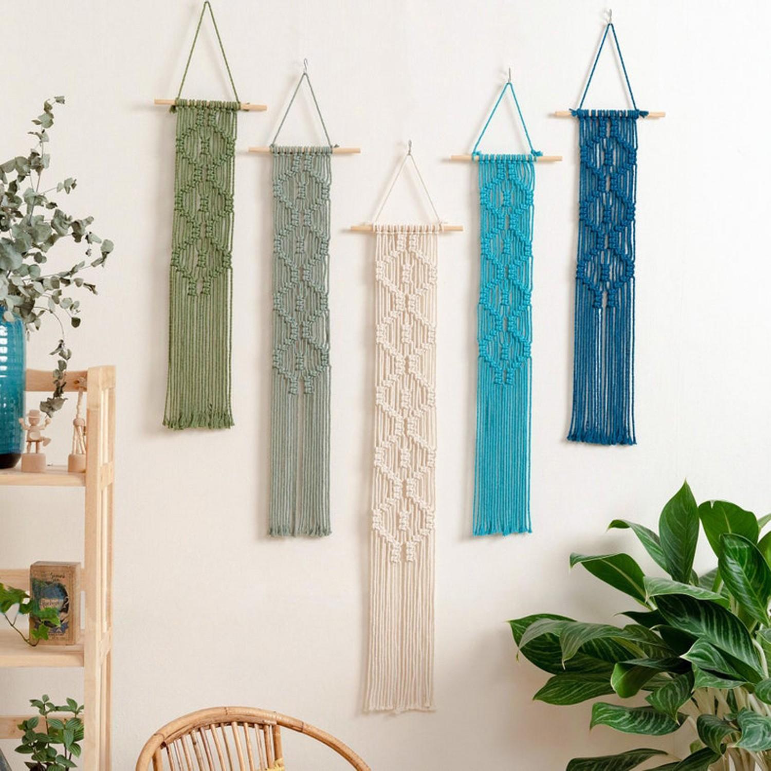 Macrame Wall Hanging Boho Style, Handmade Geometric Pattern, Tassel Background, Bed Headboard Decor, Combinable Strips, Wall Blanket