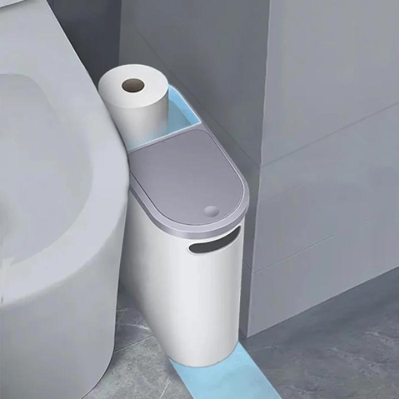 Bathroom Trash Can, 1 Count Household Creative Waste Bin with Holder & Handle, Press Type Can with Lid, Simple Paper Basket, Large Capacity Trash Bin, Home Essential Bathroom Accessories, Bathroom Essentials Accessories