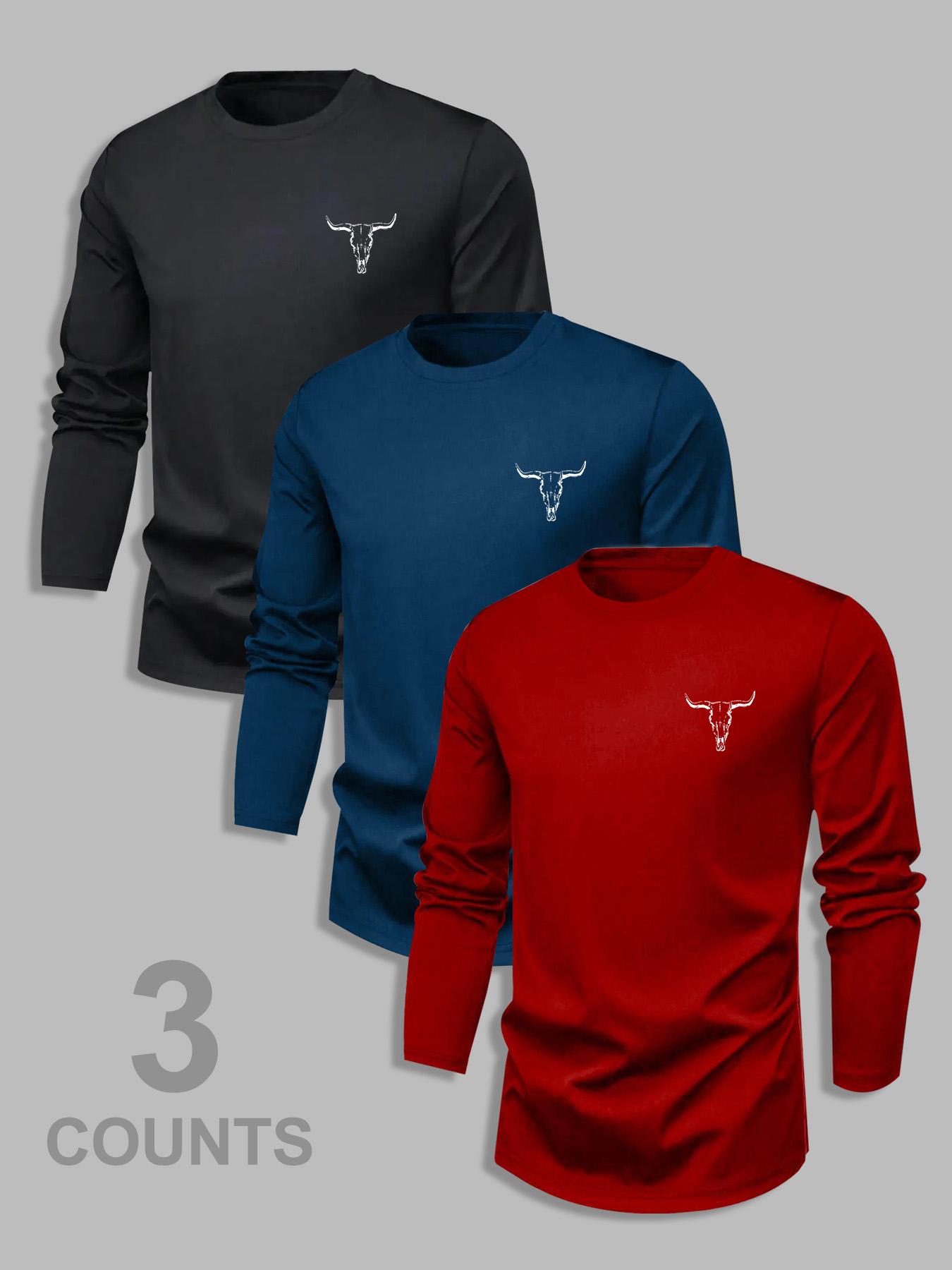 Men's Classic 3-Piece Set with Bull Graphic Pattern Print Long Sleeve T-Shirt, Casual Spring & Fall Layering Top, Fitted Comfortable Attire