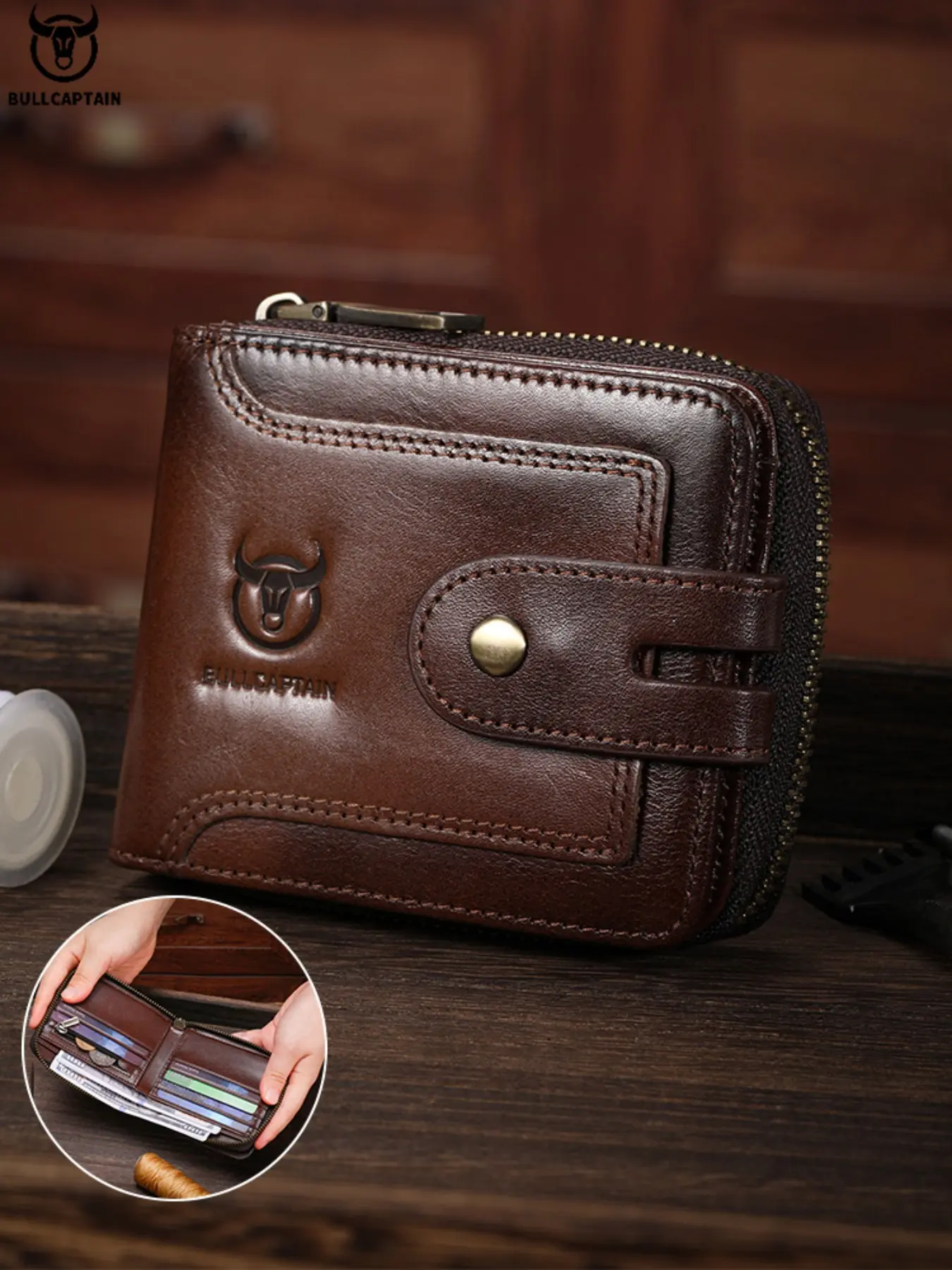 BULLCAPTAIN Men's Business Fashion Zipper Wallet, Casual Trendy RFID Anti-theft and Anti-magnetic Wallet, Multi Card Slot for Work & Daily Use, Ideal Thanksgiving Christmas Gift for Men