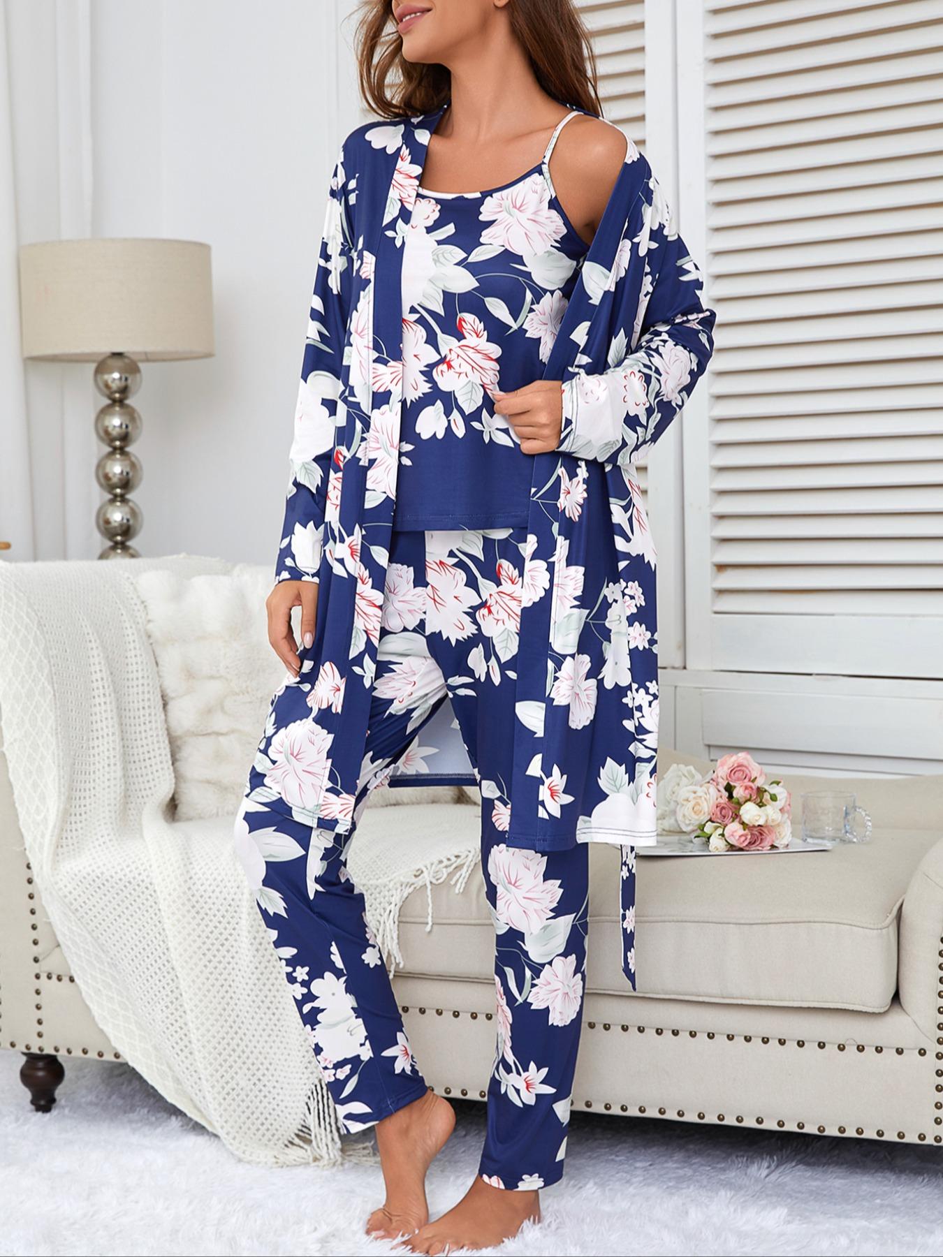 Women's Floral Print Strap Pants Set, Casual Fitted Sleepwear with Belted Long Sleeve Robe, All Season Comfortable Loungewear