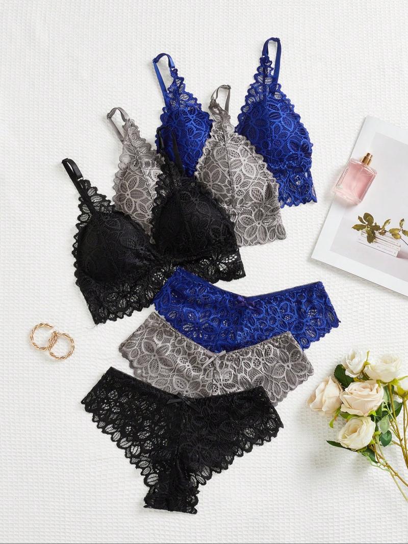 Women's Lace Underwear Set, Romantic Adjustable Strap Wireless Bra & Bow Decor Panty Set, Women's Lingerie Set
