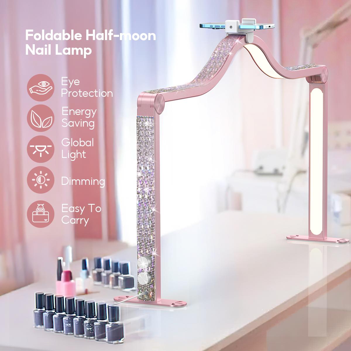 Modofo Half Moon Nail Tech Lamp, 33 In Foldable Half Moon Light  with Phone Holder,2700-6500K Brightness Adjustable LED Nail Light for Manicure, Eyelash Extensions, Tattoos, Crafts