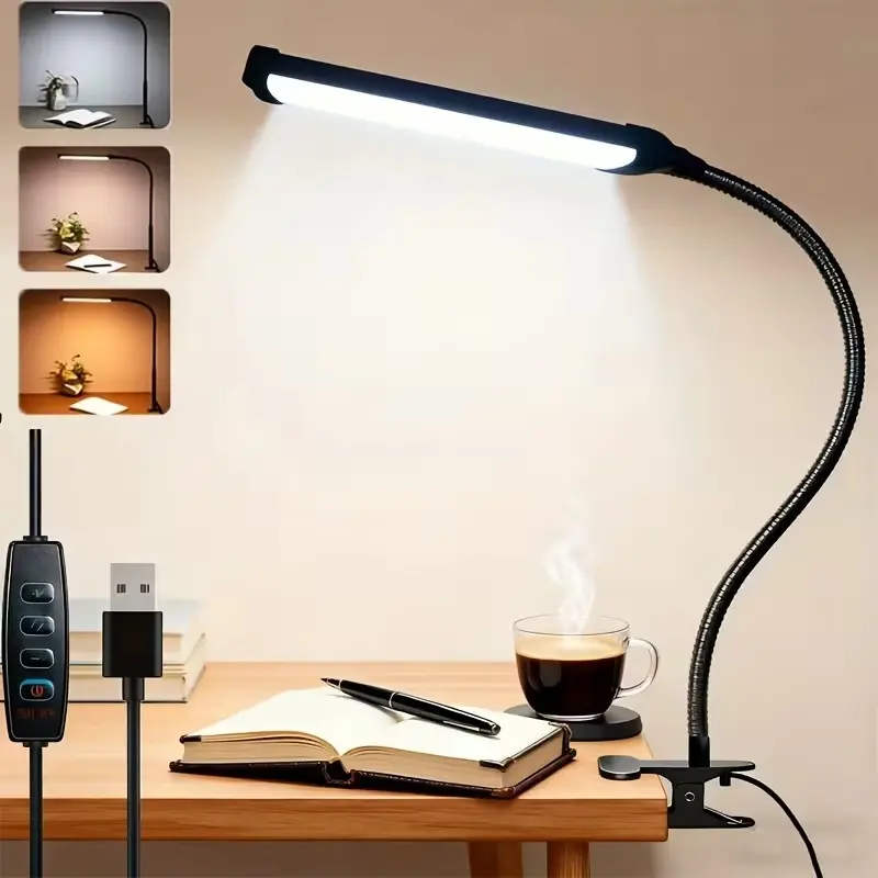 USB Metal Clamp Desk Lamp, Adjustable Height, Three Color Light, Flexible 360° Neck, Ideal for Office, Bedroom, Living Room, Manicure