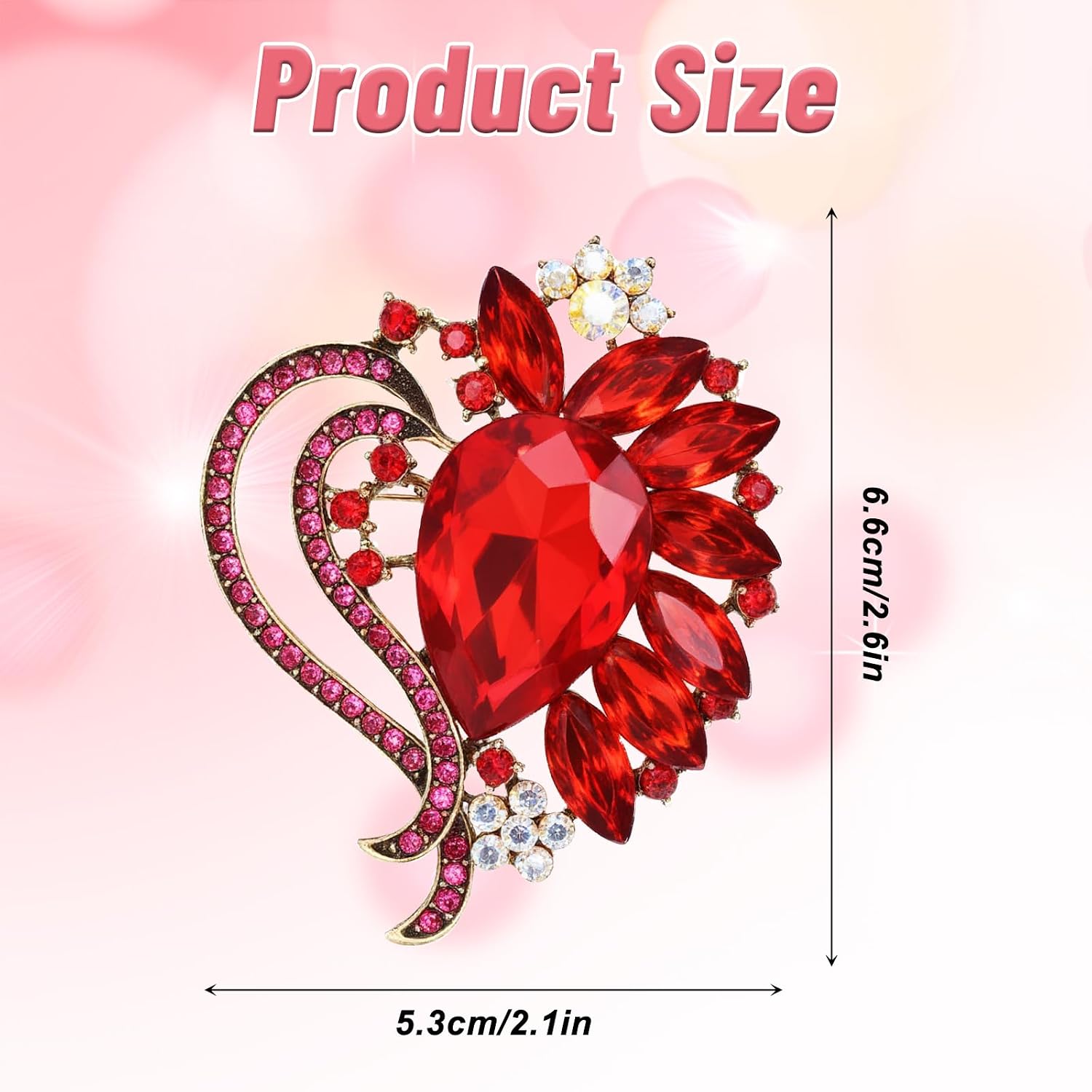 Red Brooches for Women, Elegant Red Rhinestone Brooch Sparkling Heart Brooch for Wedding Party Ceremony Valentine's Day
