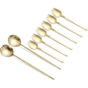 8-Piece Gold Salad Serving Set - 11.4 inch Stainless Steel Spoon & Fork with 6 Salad Forks, Titanium Plating, Dishwasher Safe for Entertaining, Parties