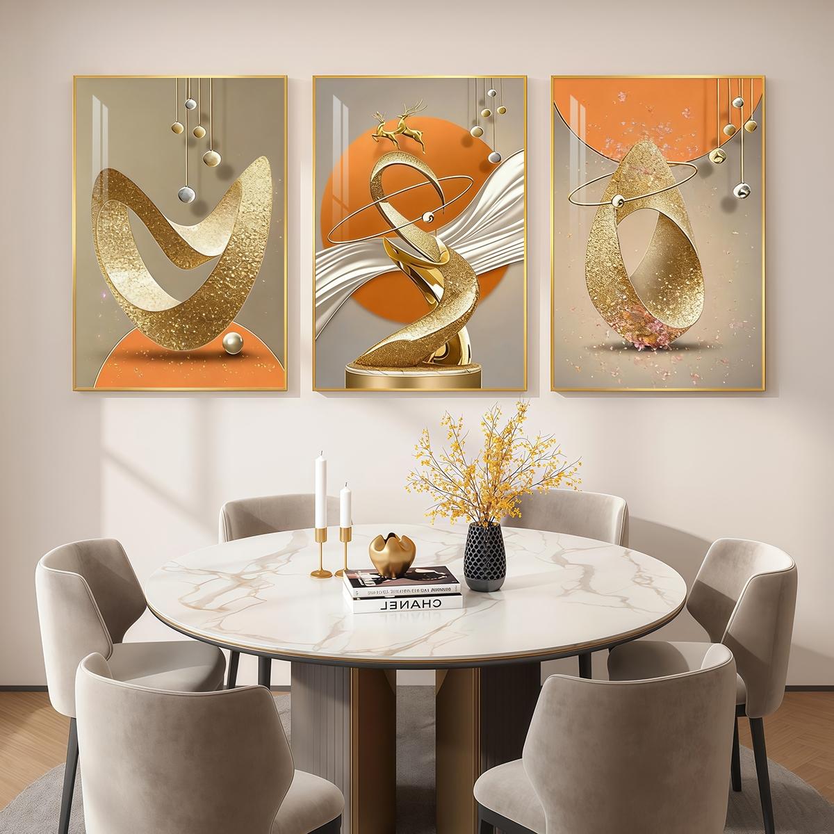 3 Counts Aluminum Alloy Framed Painting, Modern Abstract Golden Sculptural Art Pictures, Home Decoration For Living Room, Bedroom, Office, Restaurant, Hallway Wall Decor, Odorless Print Artwork, Luxury Perfect Gift For Friends And Family