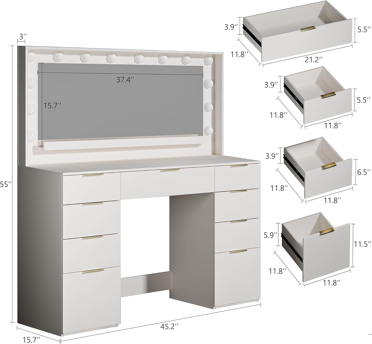 Vanity Desk with Large Mirror and Lights, 45.3in Makeup Vanity with Power Outlet 9 Drawers & Storage, 3 Lighting Color Adjustable, White Vanity Desk for Bedroom