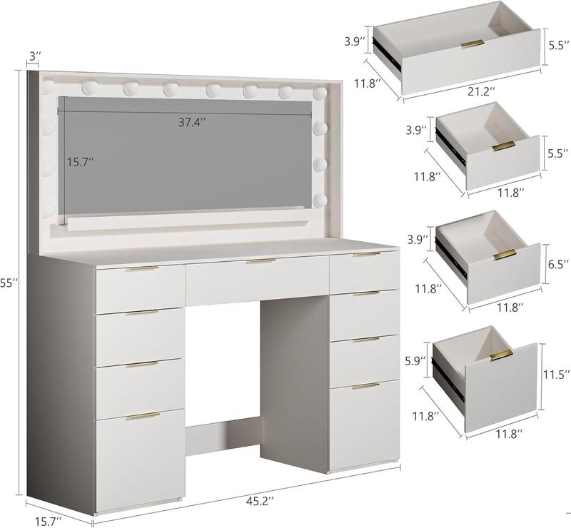 Vanity Desk with Large Mirror and Lights, 45.3in Makeup Vanity with Power Outlet 9 Drawers & Storage, 3 Lighting Color Adjustable, White Vanity Desk for Bedroom