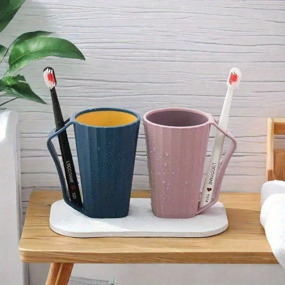 1Pc Durable Reusable Two Color Plastic Cups with Handles,Creative Toothbrush Holder, Wash Cup,Couple's Mouthwash Cup