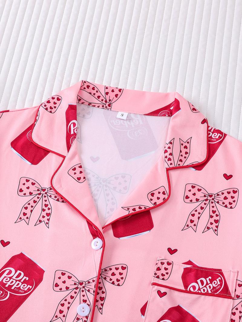 Women's Valentine's Day Spring Summer Set, Heart & Bow Pattern, Fitted Short Sleeve Top & Shorts, Casual All-Season Wear