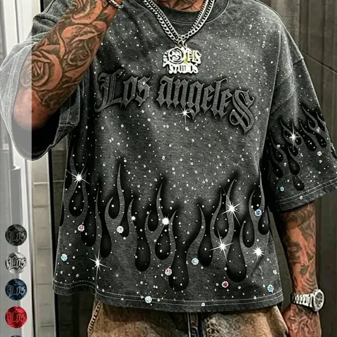 Men's Flame Print Short Sleeve Top, Casual Loose-Fit Long Shirt, Letter Pattern Design, Perfect for Couple, Eye-Catching Style, Oversized T Shirt