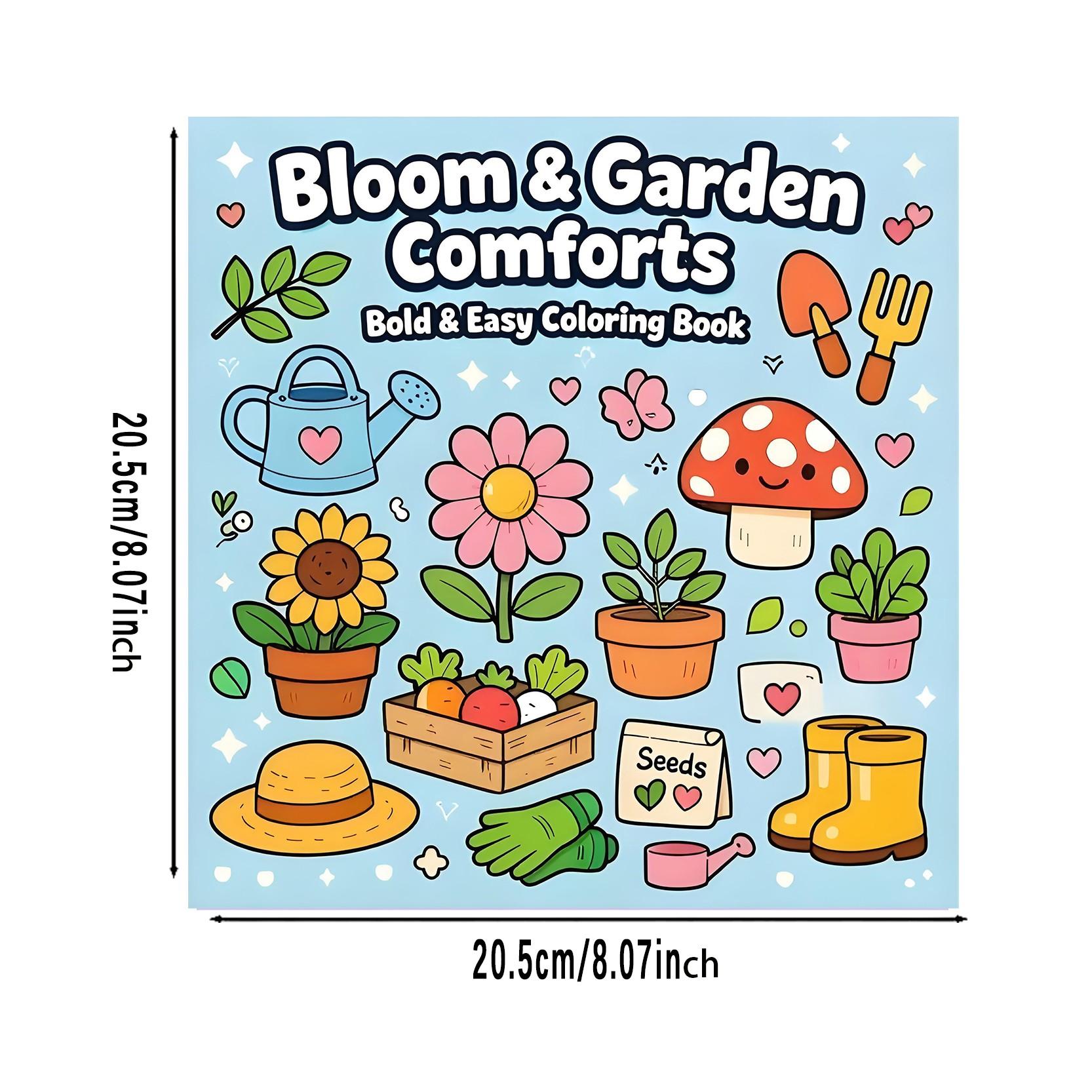Bloom & Garden Comforts Bold & Easy Coloring Book for Kids & Adults - 22 Cute Kawaii Cozy Garden & Plant Coloring Pages, 120gsm Thick No Bleed Paper, Non-Toxic Odorless, Glue Binding, Perfect for Stress Relief