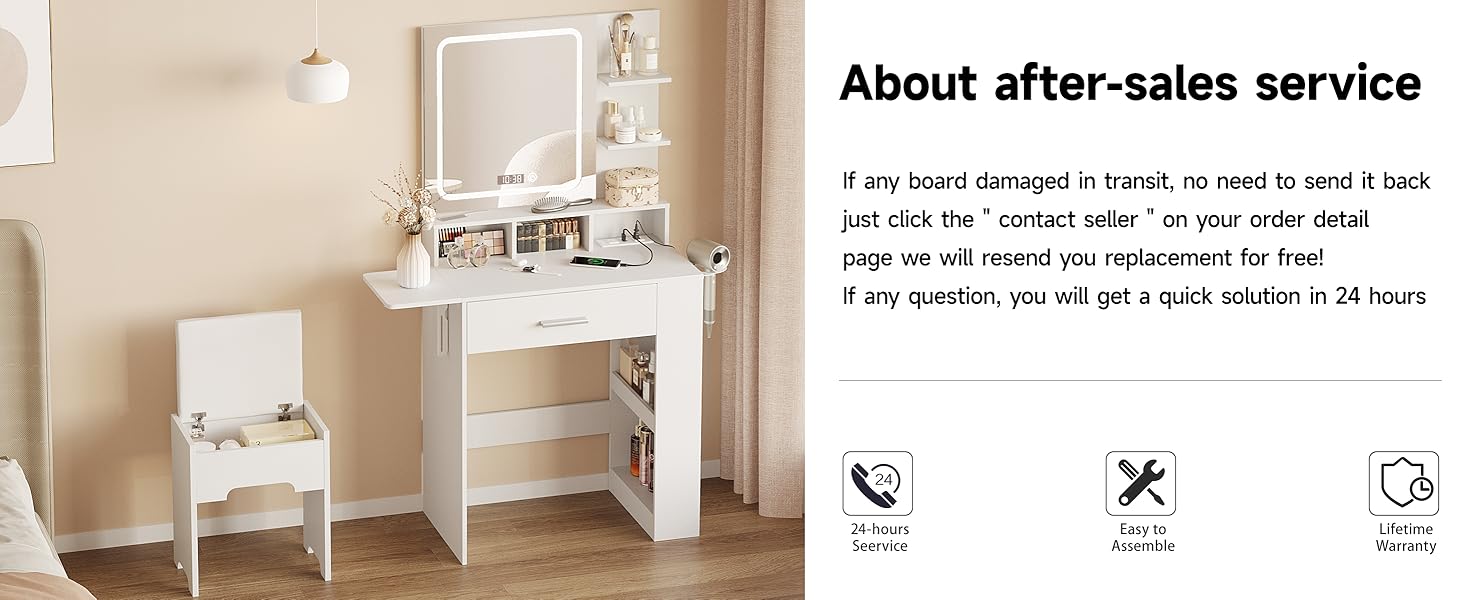 Vabches Vanity Desk with Mirror and Lights, Small Makeup Vanity with Drawer & Lots Storage Shelves, White Vanity Table with Charging Station & Time Display, Vanity Set with Chair, for Bedroom