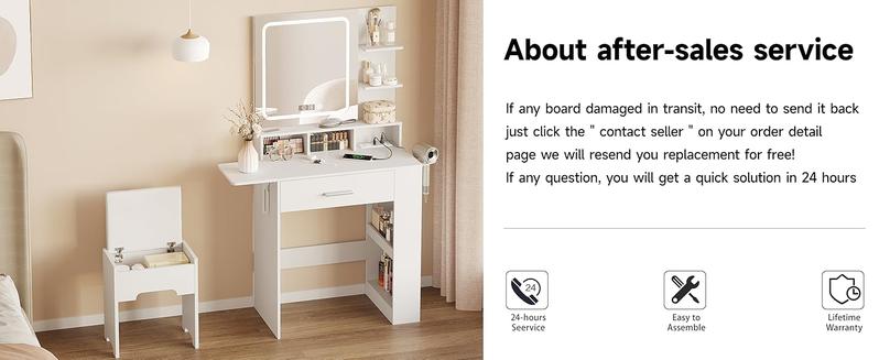 Vabches Vanity Desk with Mirror and Lights, Small Makeup Vanity with Drawer & Lots Storage Shelves, White Vanity Table with Charging Station & Time Display, Vanity Set with Chair, for Bedroom