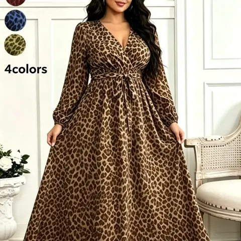Women's Plus-Size Leopard-Print V-Neck Long-Sleeve Boho Casual Dress for Fall, Flowy Fit, Perfect for Daily Wear, Shopping, Date Nights, and Parties