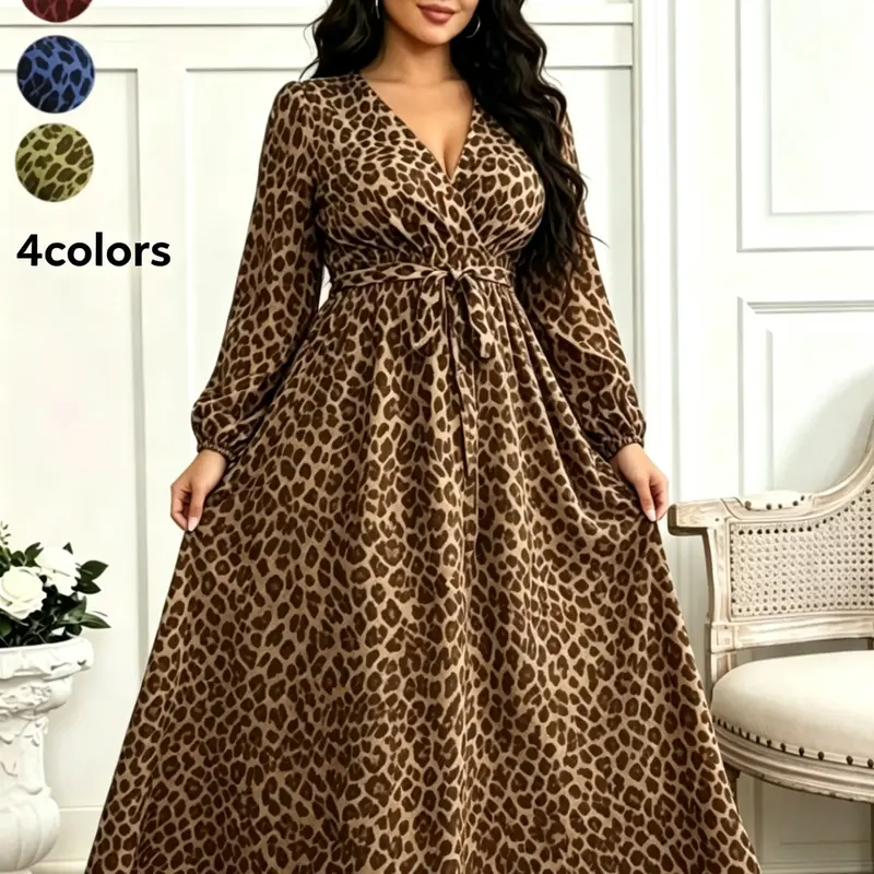 Women's Plus-Size Leopard-Print V-Neck Long-Sleeve Boho Casual Dress for Fall, Flowy Fit, Perfect for Daily Wear, Shopping, Date Nights, and Parties